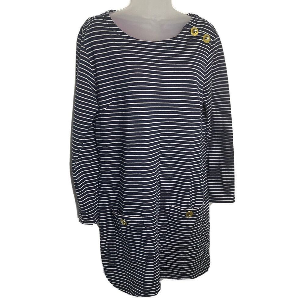 Sail‎ to Sable Shirt Dress Long Sleeve Navy Blue Striped Medium Pockets Coastal